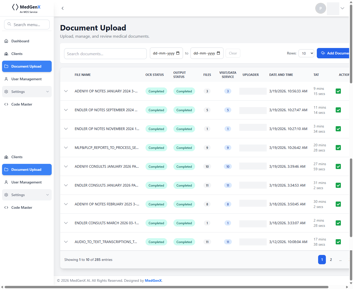Document Upload page